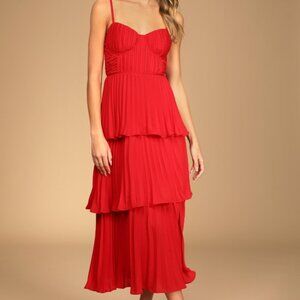 Lulus Cascading Crush Red Tiered Bustier Midi Dress - Size XS